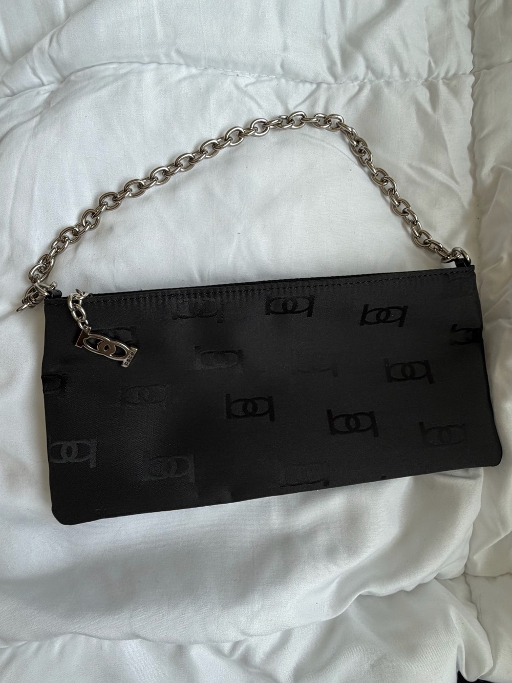 bebe Black Satin Jacquard Chain-Handle Clutch